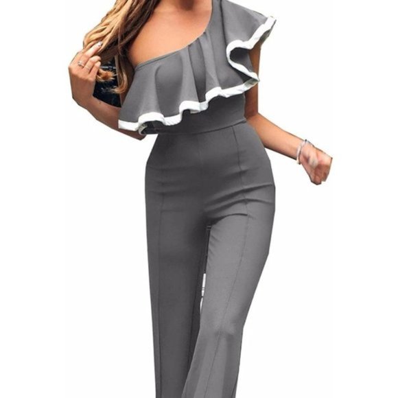 NWT One Shoulder Ruffle Bell Bottom 70s Jumpsuit. - Picture 2 of 4